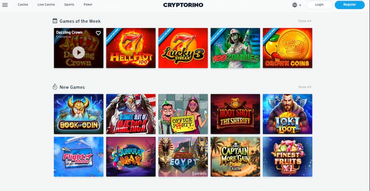A view of the main interface on Cryptorino, one of the best online casino bitcoin options. 